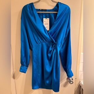 NWT Blue Satin Wrap Mini Dress - Zara